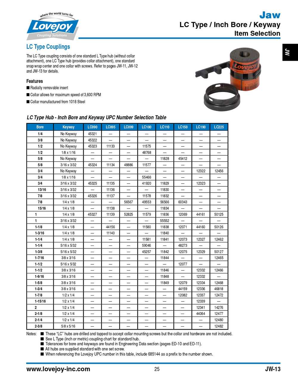 1-3/8" Shaft Lovejoy® Jaw Style Coupling Half   LC110-HUB-1-3/8-5/16X5/32KW