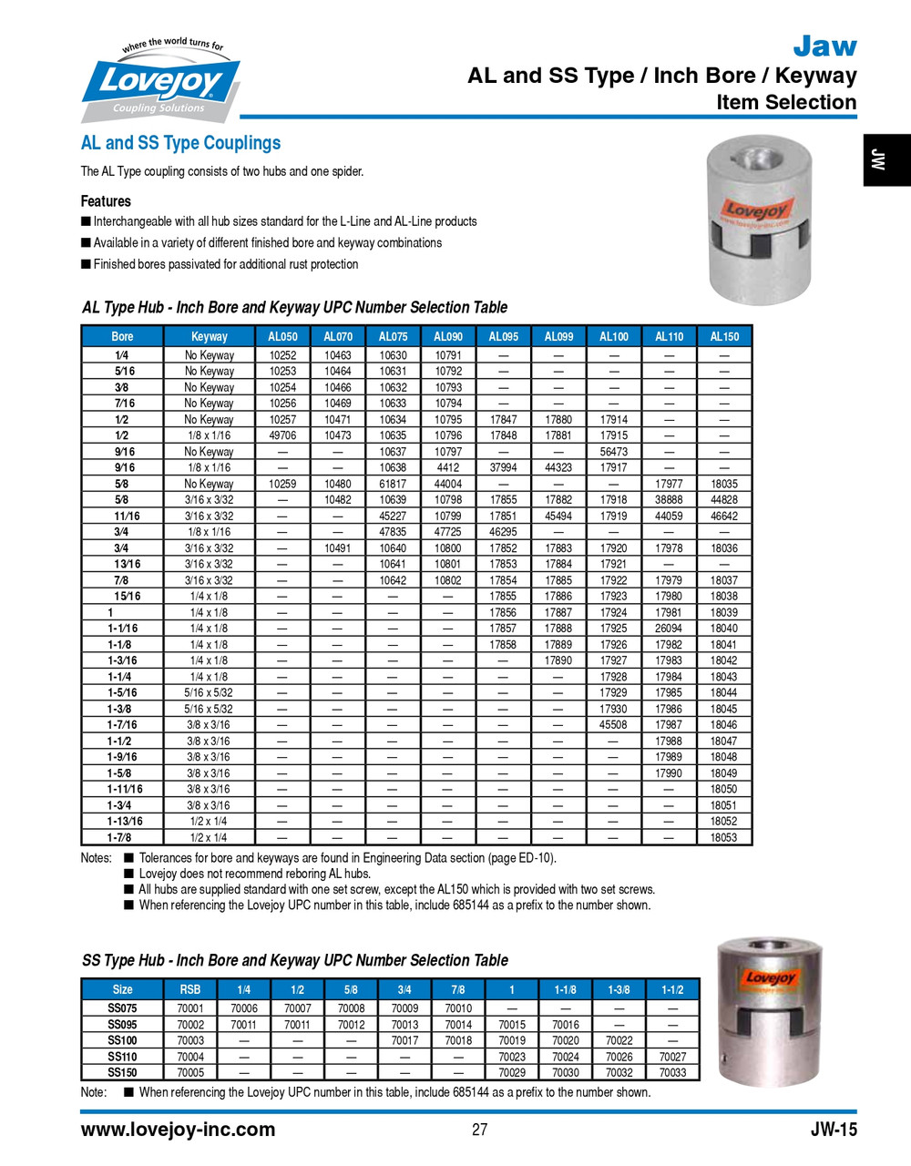 1" Shaft Lovejoy® Jaw Style Coupling Half   SS150-HUB-1"-1/4X1/8KW