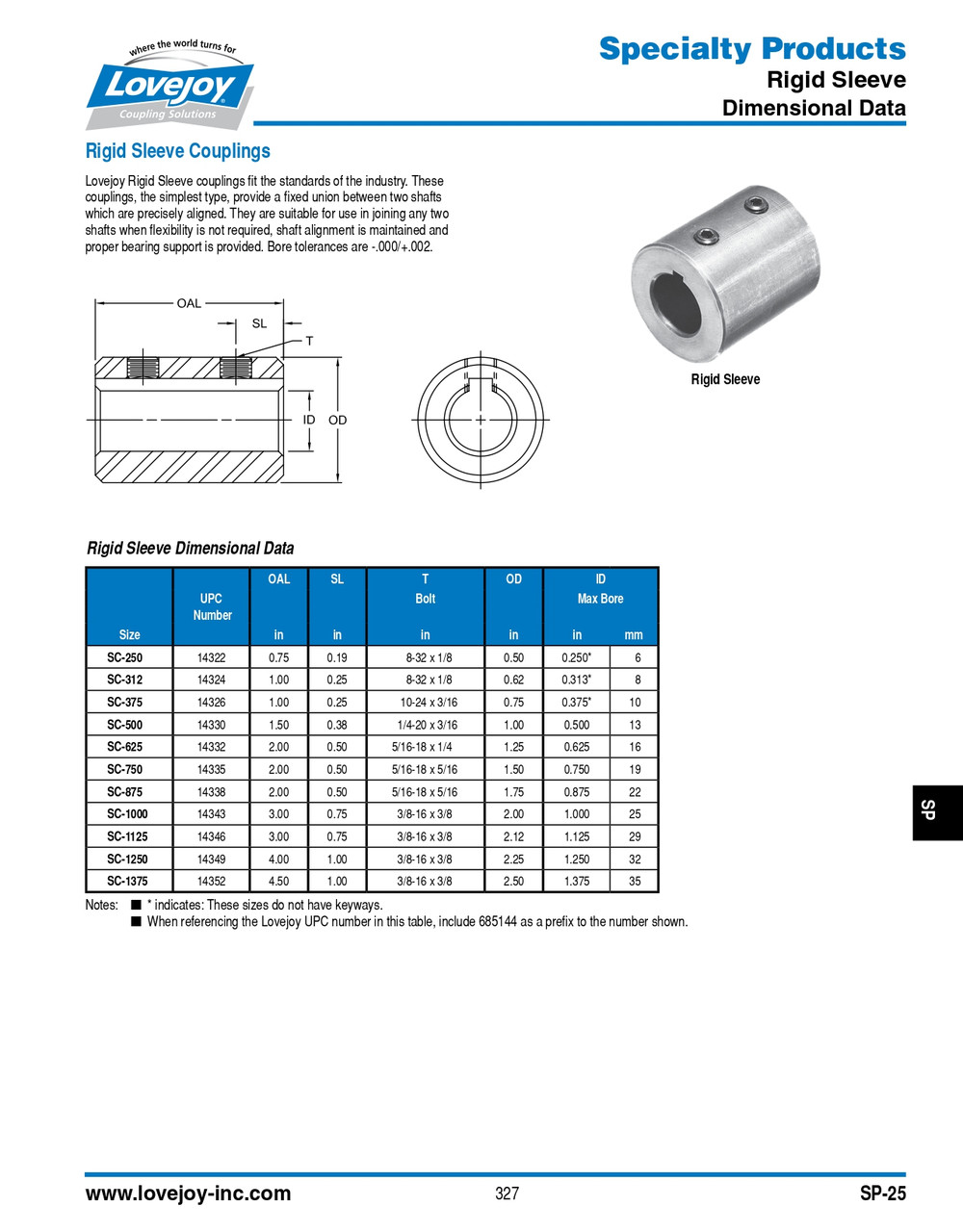 1-1/8" Shaft Lovejoy® Series SC1125 Rigid Sleeve Coupling   SC1125-CP-1-1/8-1/4X1/8KW