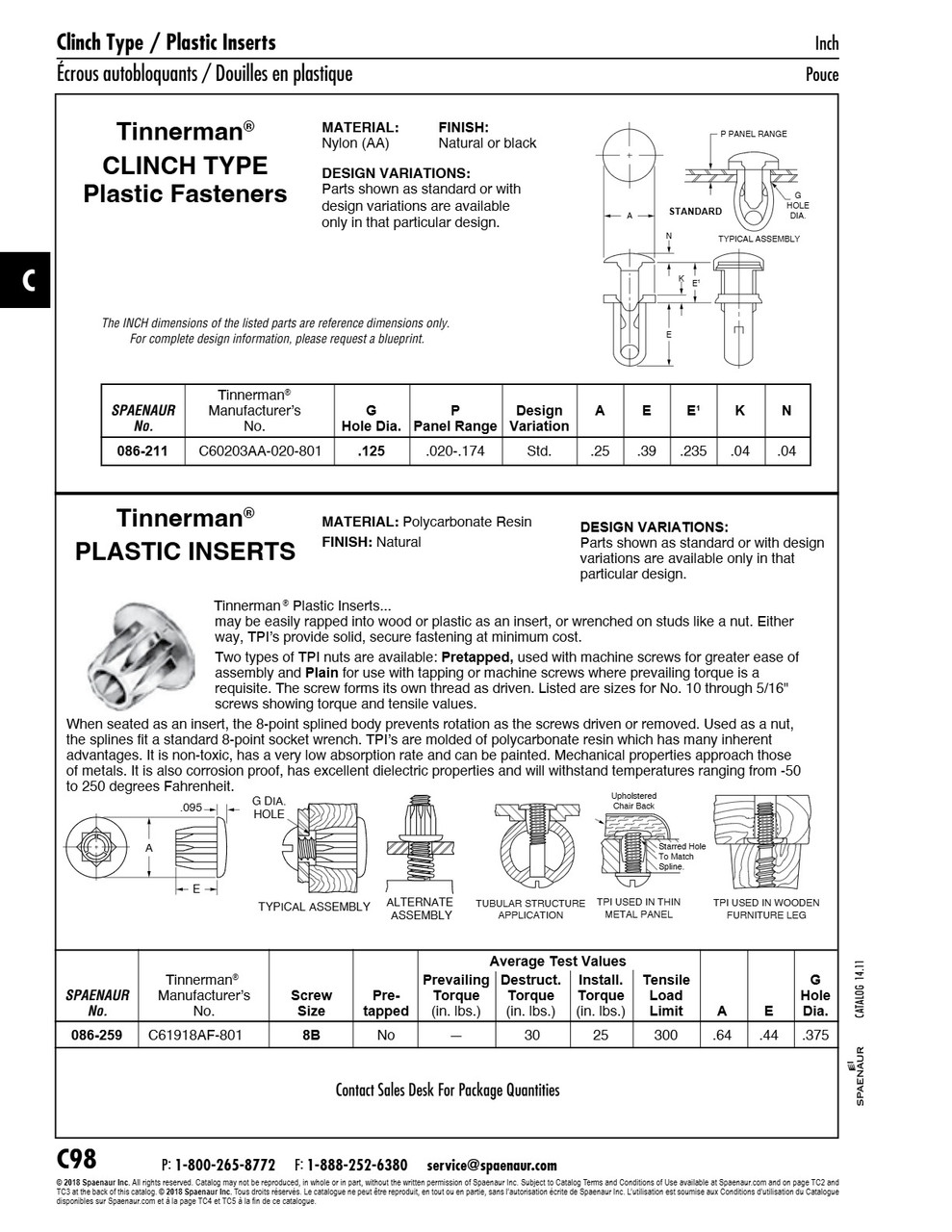 Standard Design Clinch Type Fastener .020-.174" Panel Range Nylon Natural Colour   086-211