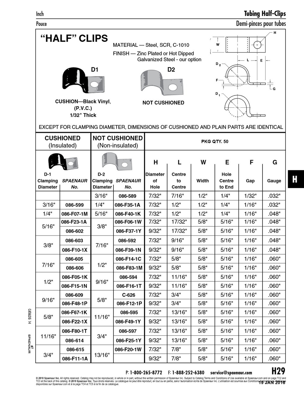 "Half" Clip 7/16" Clamp Dia. 9/32" Hole Dia .562" C To C Steel Zinc W/Clear Chromate Rohs Compliant Material   086-F39-1N