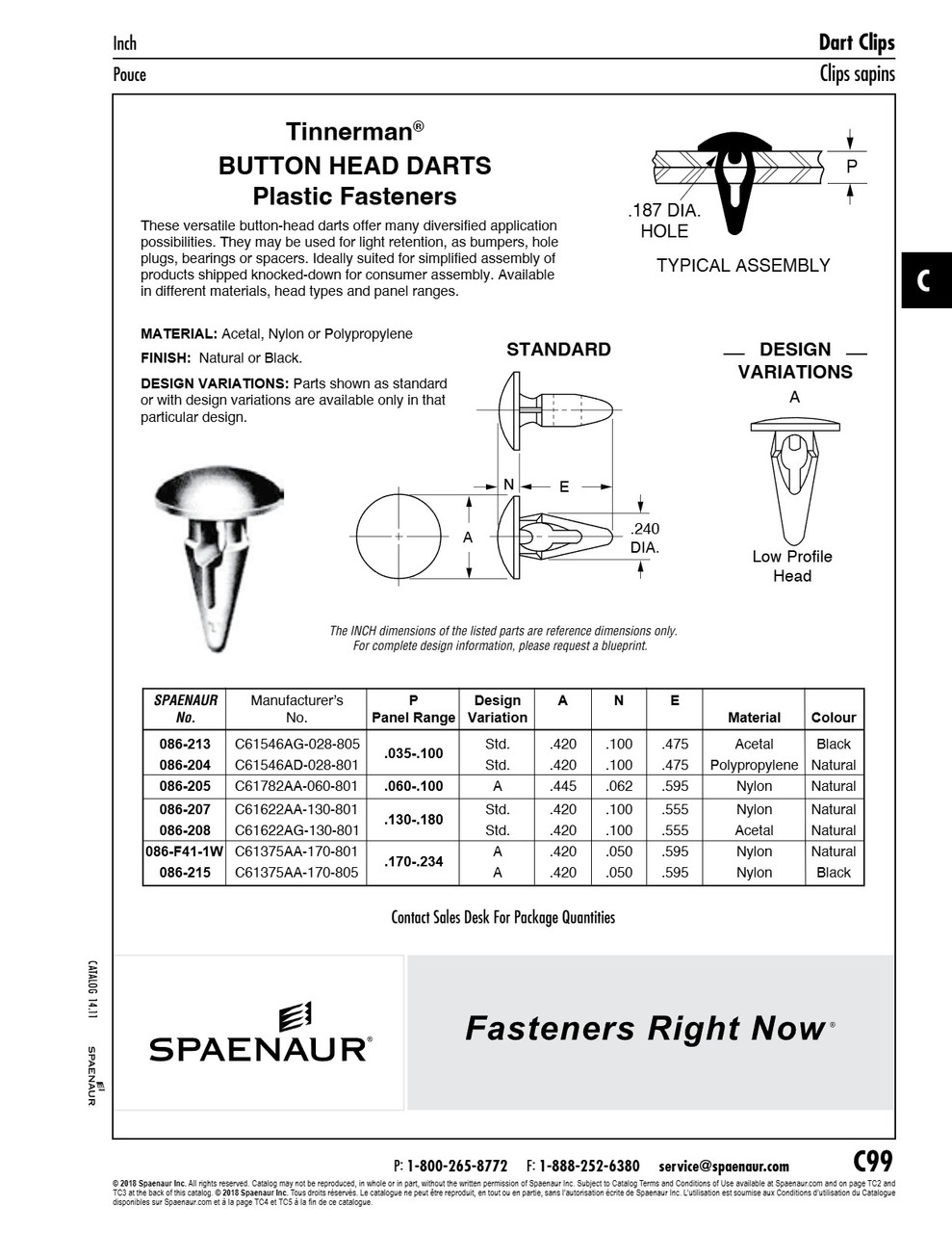 Low Profile Button Head Dart Fastener .170-.234" Panel Range Nylon Natural Colour   086-F41-1W