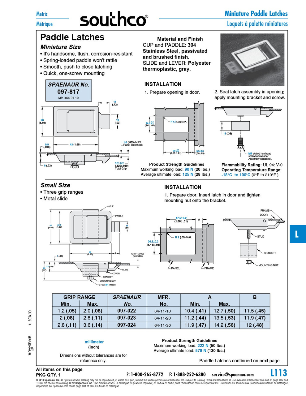 Paddle Latch 10 Series (Small Size) .11" - .14" Grip Range 304 Stainless Steel Passivated   097-024
