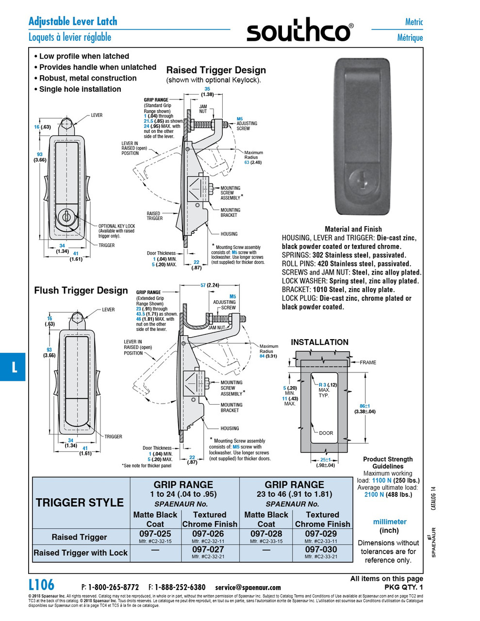 Adjustable Lever Latch Raised Trigger With Lock 3.66" X 1.34" .91" To 1.81" Grip Die Cast Zinc Textured Chrome   097-030