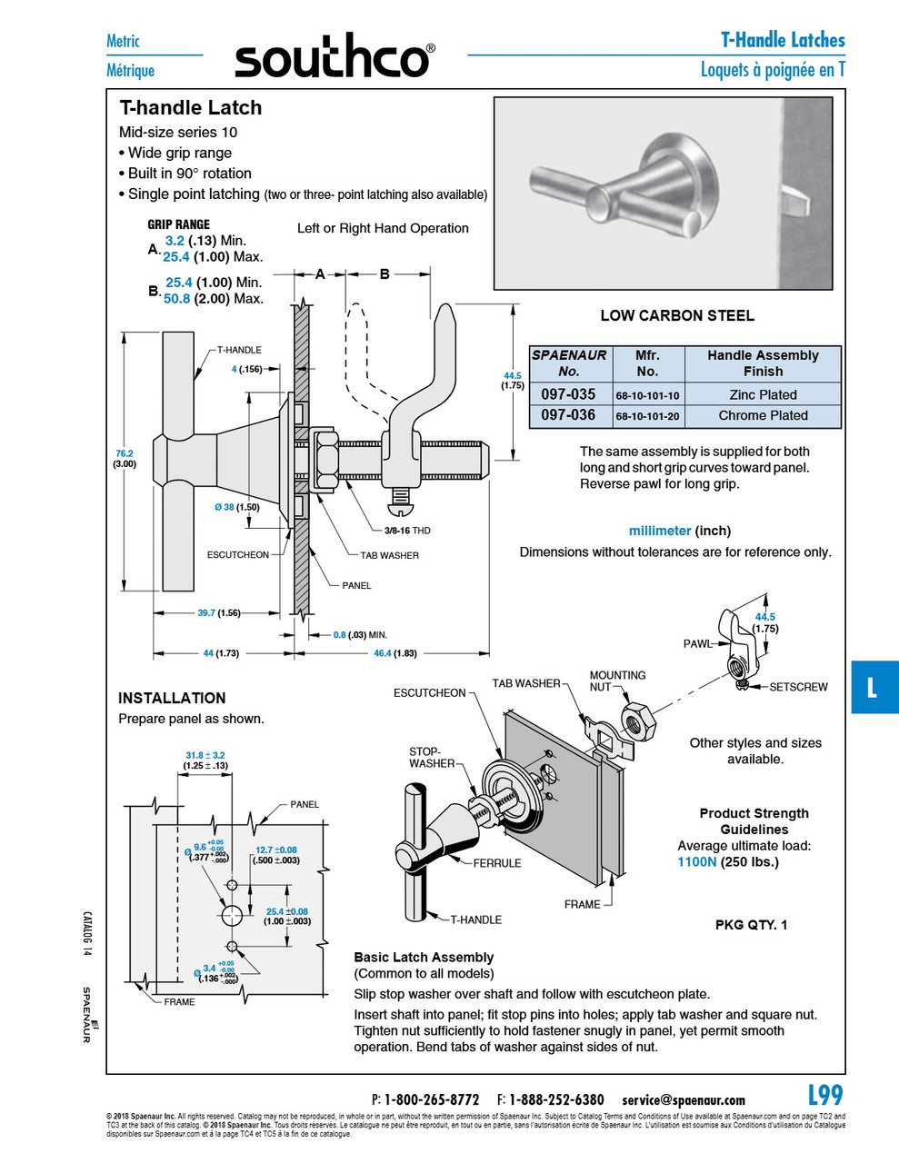 T-Handle Latch (Mid-Size Series 10) Single Point Latching 3" Handle Low Carbon Steel Handle Chrome Plated   097-036