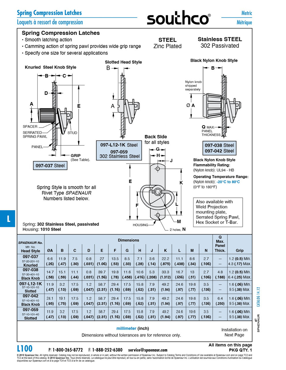 Small Spring Latch Black Knob Head Rivet Type .05-.25" Grip Steel Zinc Plated   097-038