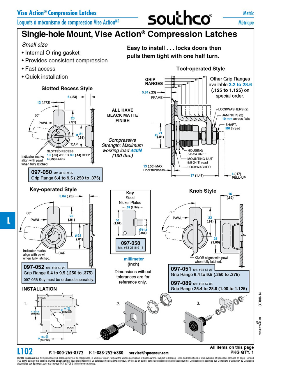 Small Compression Latch Knob Style Singel-Hole Mount .250"-.375" Grip Range Die-Cast Zinc  Matte Black Powder Coat   097-051