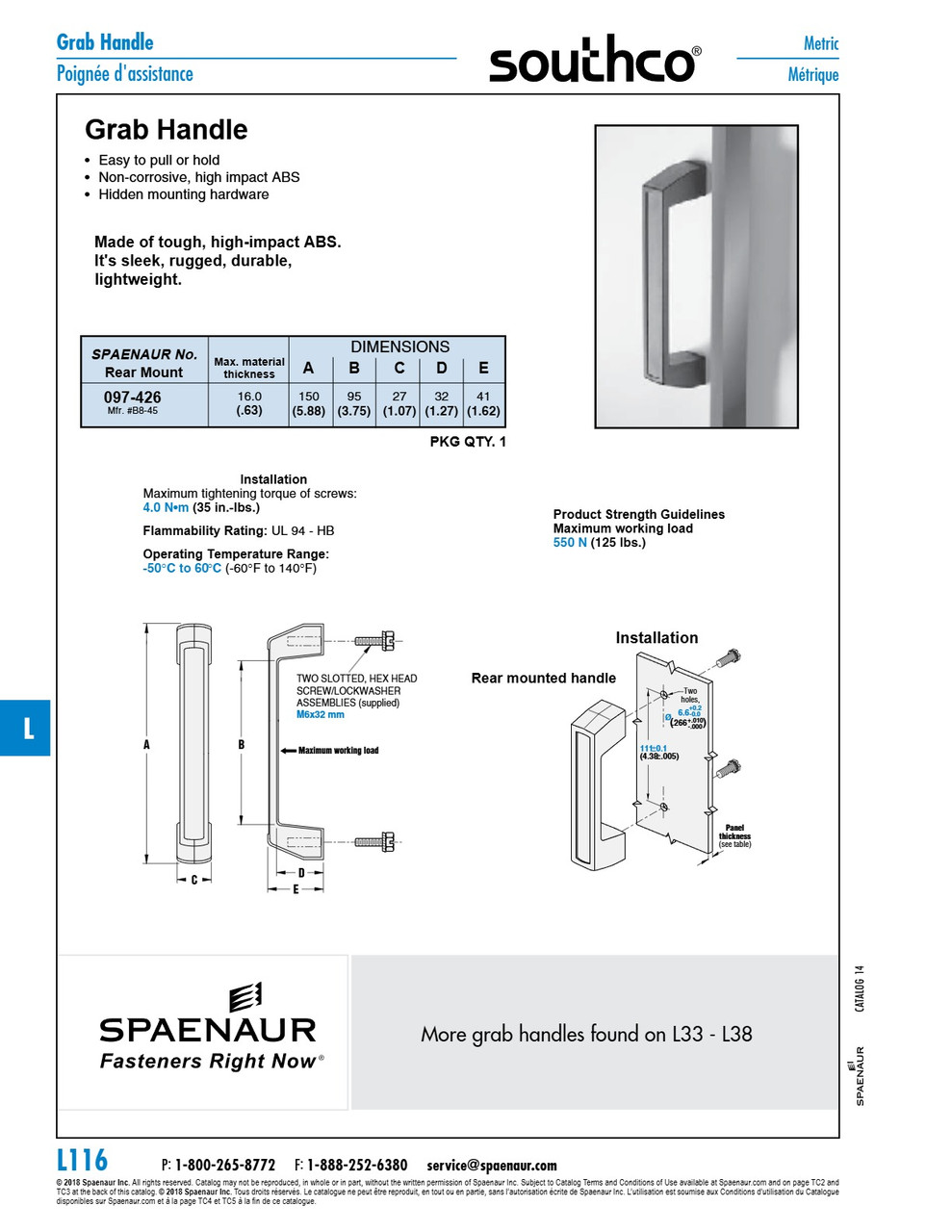 Large Grab Handle Front Mounted 8" O/A Lgth X 2" Ht Abs/Pc Black Screws Not Included Southco #B8-63-3   097-230