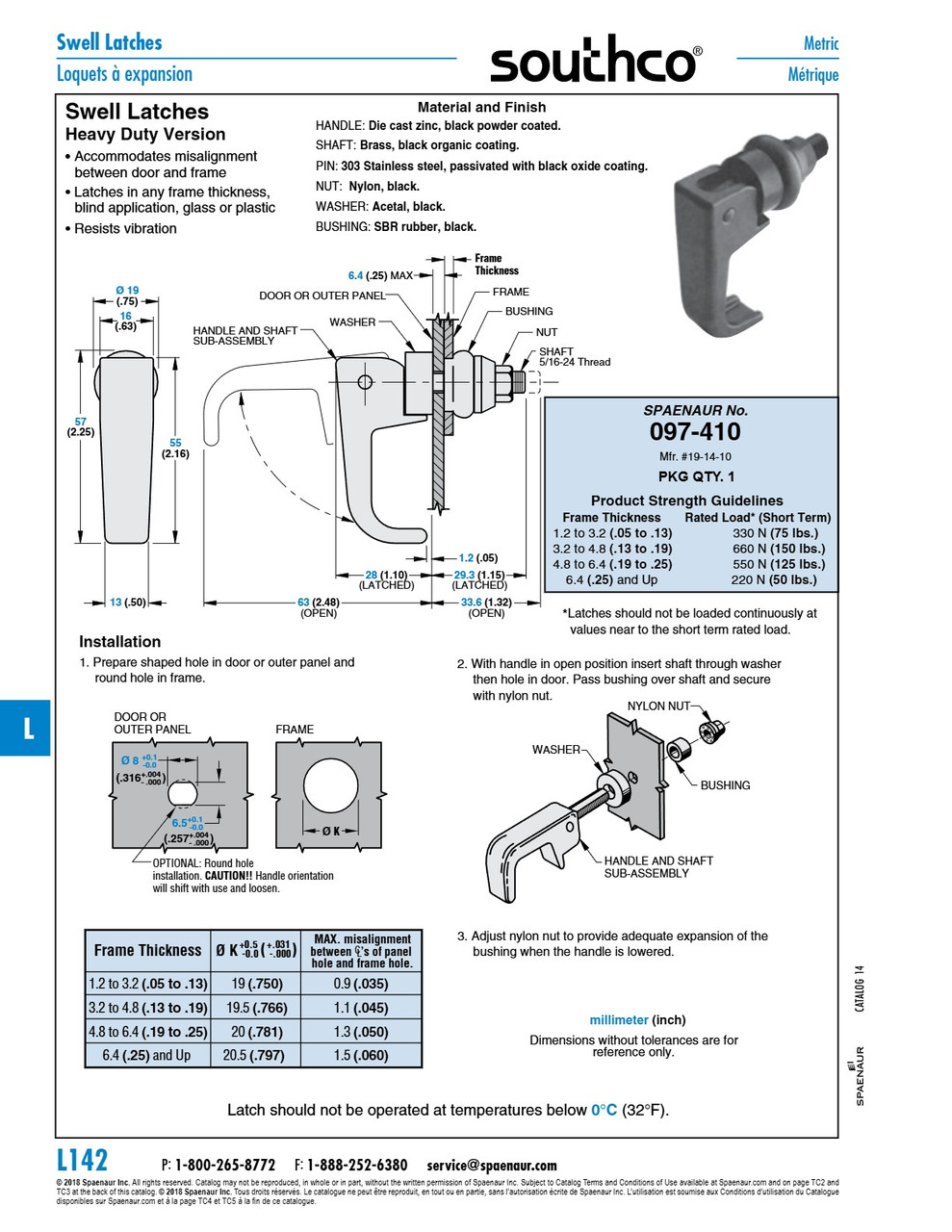 Swell Latch Heavy Duty .130" To .190" Frame Thk X .766" Dia Hole Die Cast Zinc Black Polyester Powder Coat   097-410