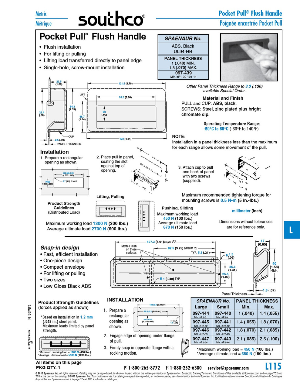Large Pocket Pull Flush Handle 1.40" X 5.00" (.055"-.070" Panel Range) Abs Low Gloss Black   097-445
