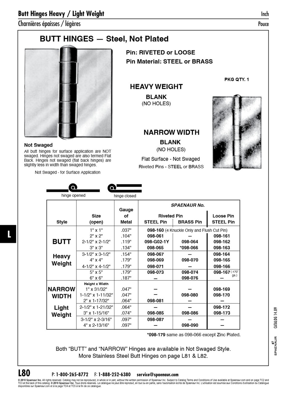 Butt Hinge Heavy Weight No Holes Not Swaged Riveted Brass Pin 4" X 4" Open X .179" Ga Plain Steel Brass Pin   098-070