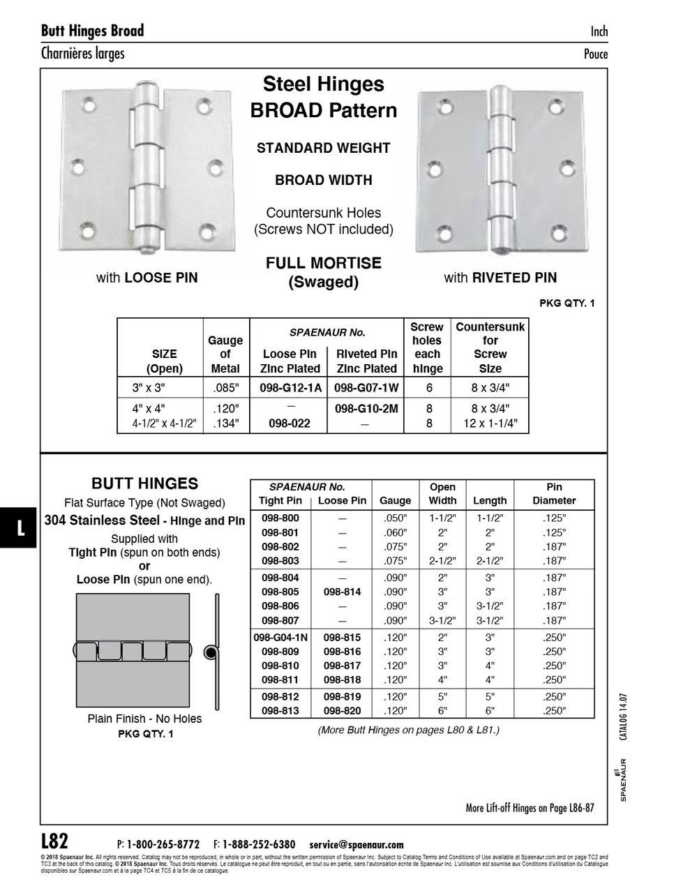 Butt Hinge Nonremovable Pin 4" X 4" Open X .120" Ga 304 Stainless Steel   098-811