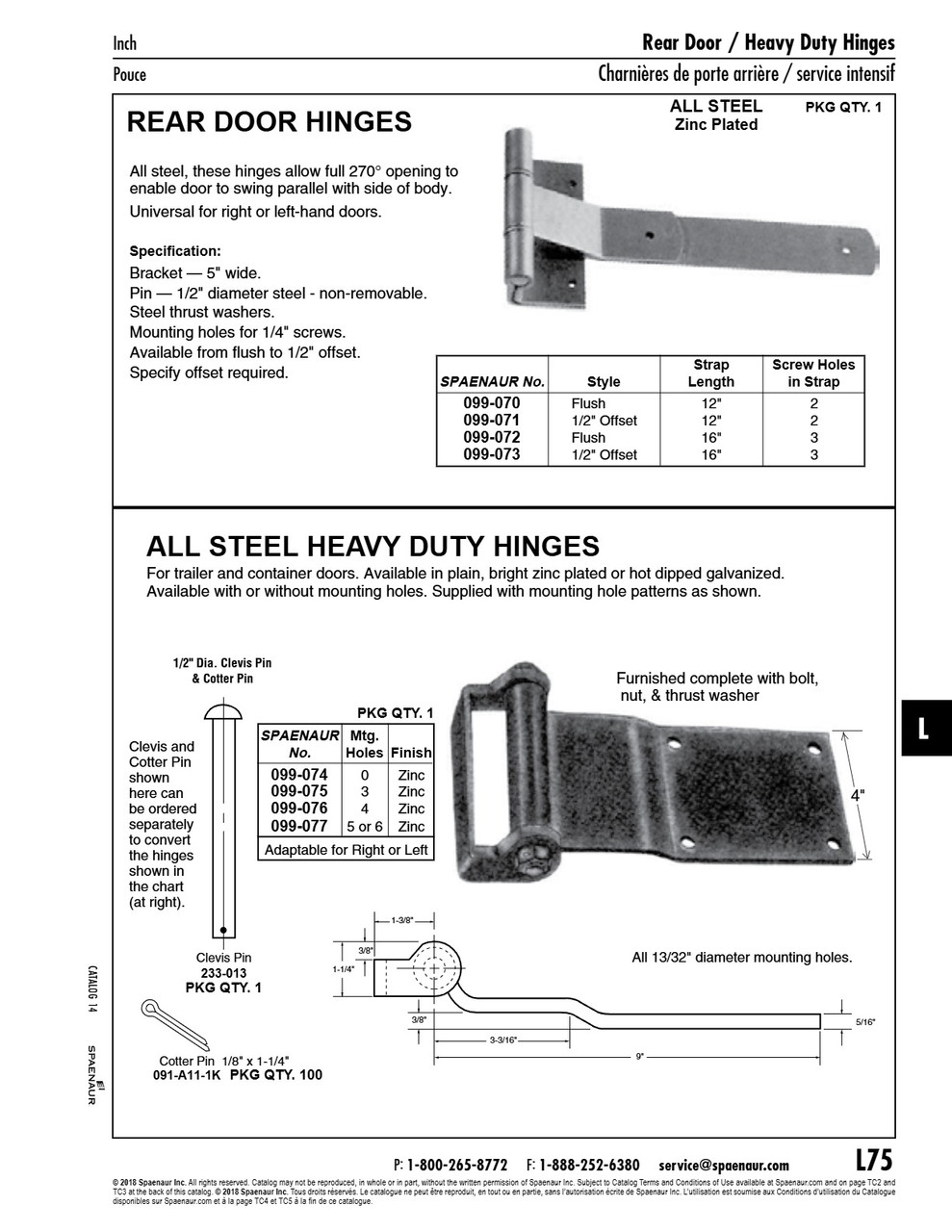 Hinge With Bolt & Lock Nut & Thrust Washer 5 Or 6 Mtg Holes 9" From Center Of Pin To End Of Strap Steel Zinc Plated.   099-077