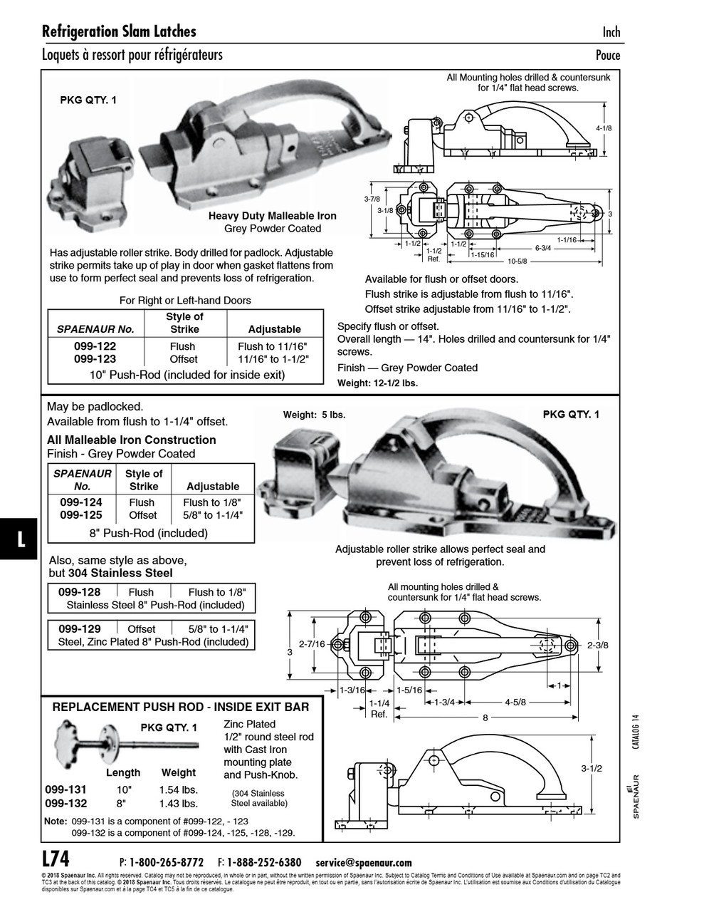 Cooler Lock With Flush Strike & Steel Push Rod Stainless Steel Flush To 5/8" 10 7/16" O/A Length 304 Stainless Steel   099-128