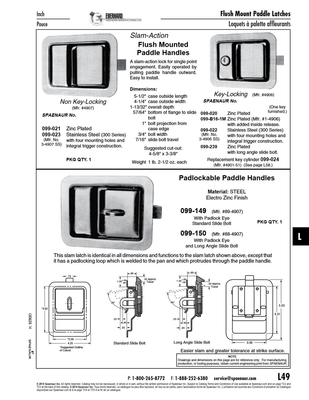 Paddle Handle Slam Latch W/Standard Slide Bolt Steel Electrozinc Plated   099-149