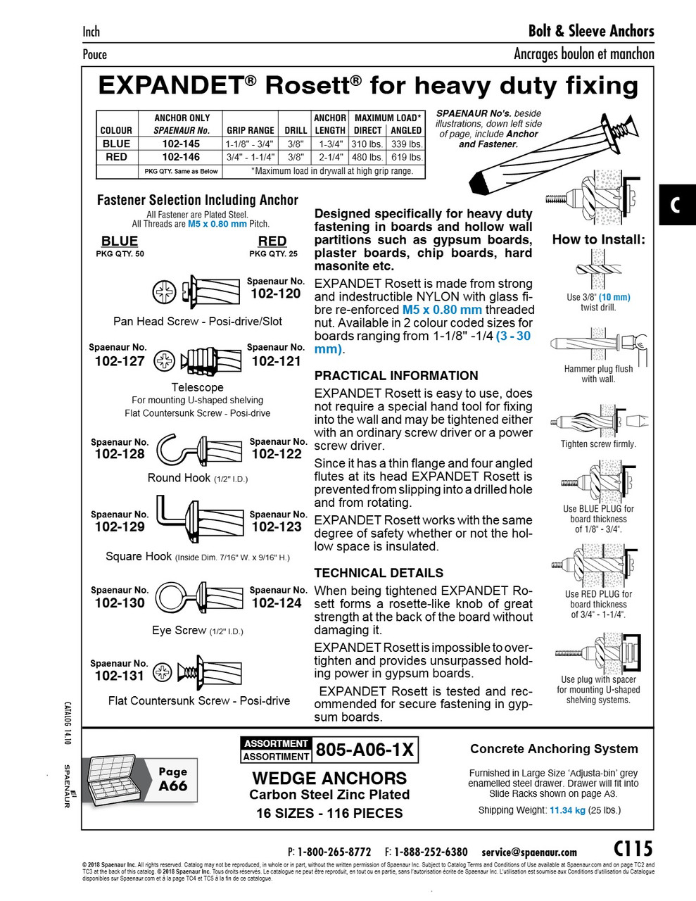 "Rosett" Hollow Wall Anchor Round Hook 3/8" Drill Dia X 2 1/4" Long Nylon Red   102-122
