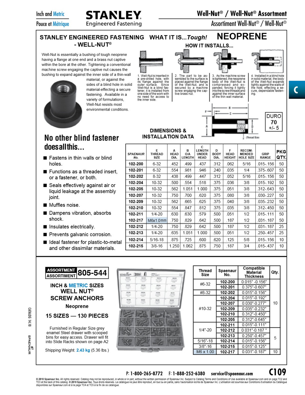 Well Nut 1/4"-20 Unc X .500" Dia X .829" Lgt Neoprene 65-75 Duro   102-212