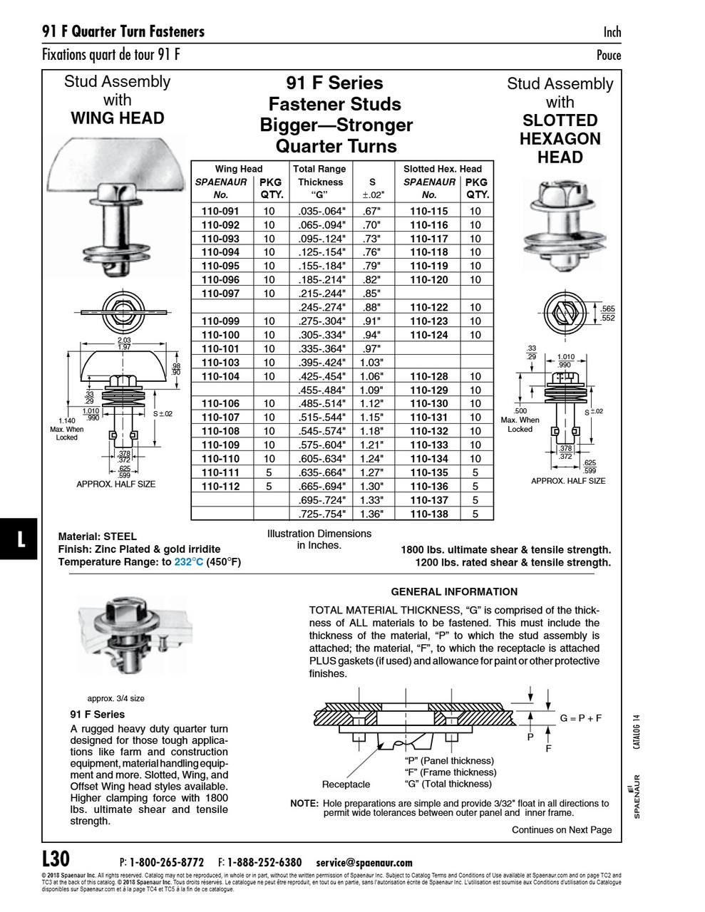 1/4-Turn Fastener Stud Assembly Fixed Wing Head For .605-.634" Total Thickness Steel Zinc Pl W/Gold Irridite   110-110