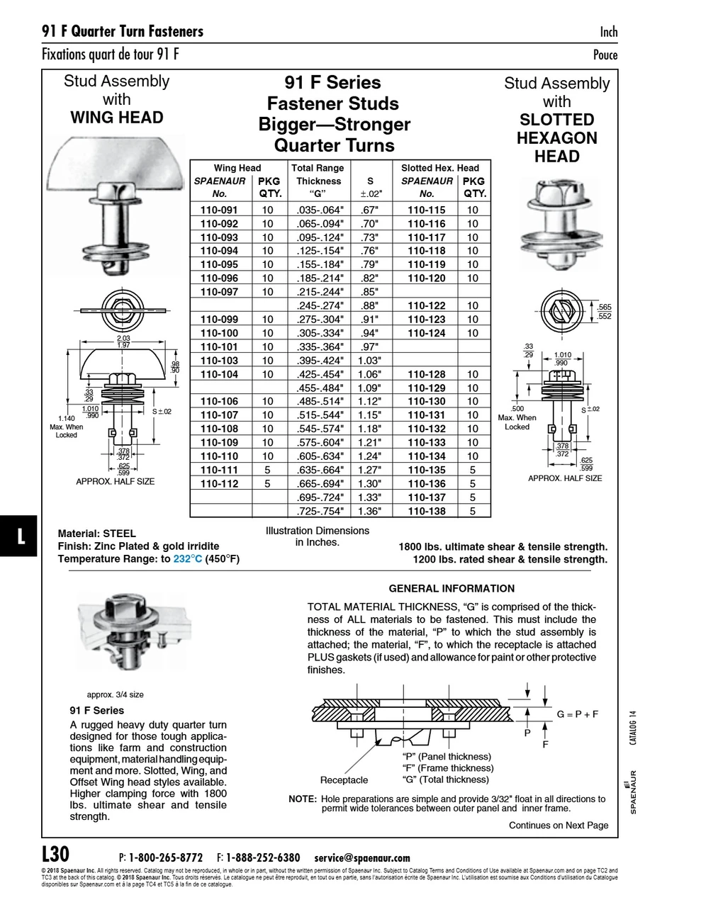 1/4-Turn Fastener Stud Assembly Slotted Hex Head For .575-.604" Total Thickness Steel Zinc Plated W/ Gold Irridite   110-133