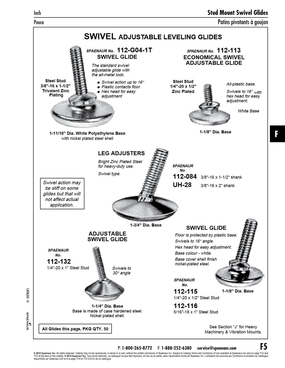 Levelling Glide Swivel Adjustable 1 1/8" Base D. 1/4"-20 X 1/2" Stud Steel Nickel Plated/ White Plastic Base   112-115