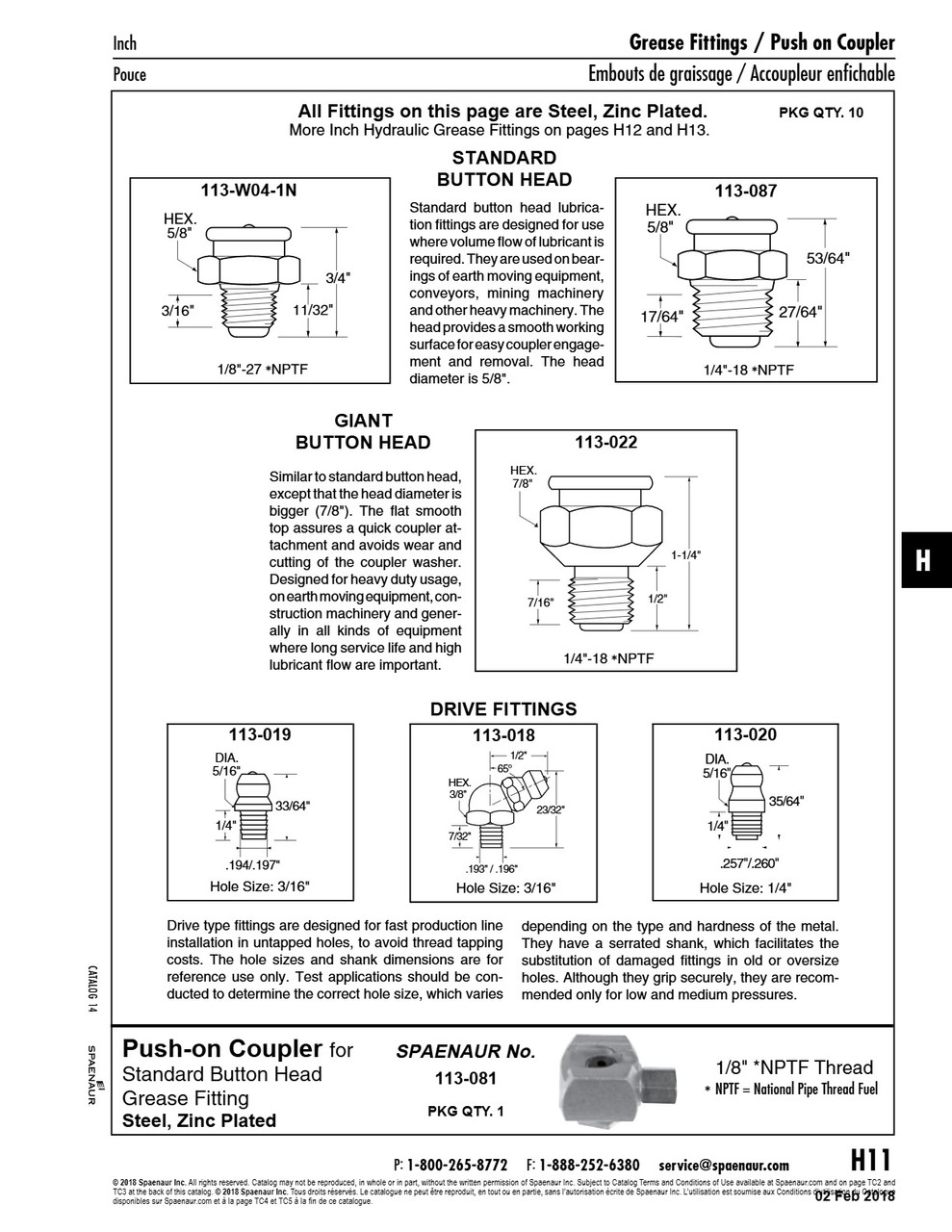 Hydraulic Grease Fitting Straight Drive For 3/16" Hole Dia X 33/64" O/A Lgth X 5/16" Dia X 1/4" Drive Lgth Steel Zinc Plated   113-019