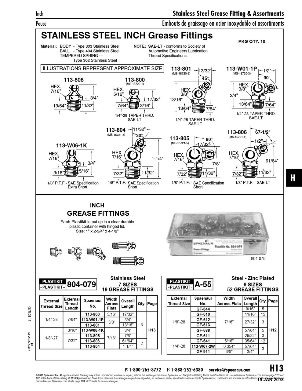 30 Degrees Grease Fitting 1/8"P.T.F. Short 7/16"Hex 1 1/4"O/A Ht Stainless Steel   113-804