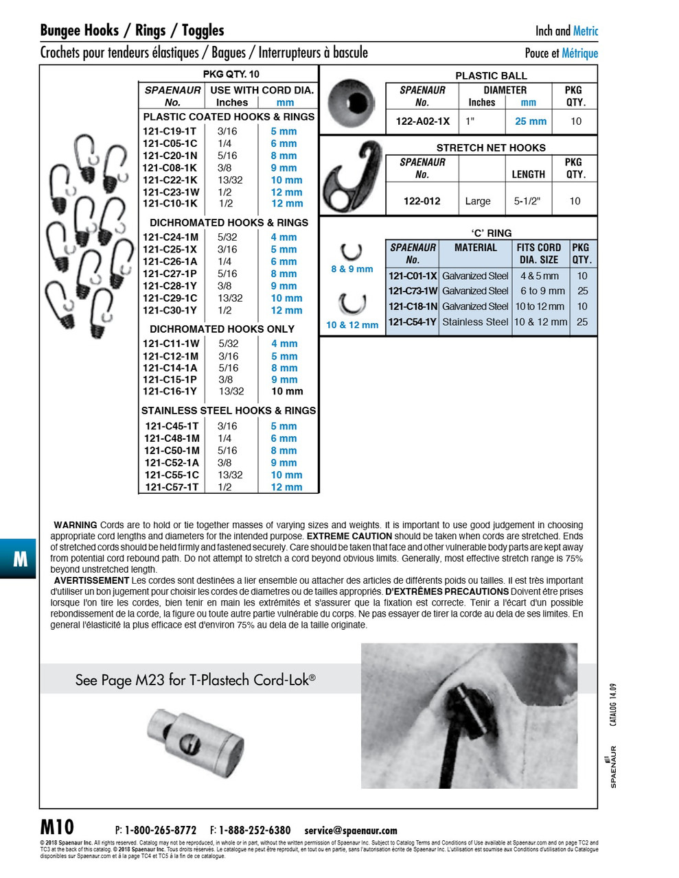 Spring Hooks & "C" Rings (10/Pk) For 1/4" Cord Stainless Steel (Hook 121-C46-1K + Ring 121-C47-1W)   121-C48-1M
