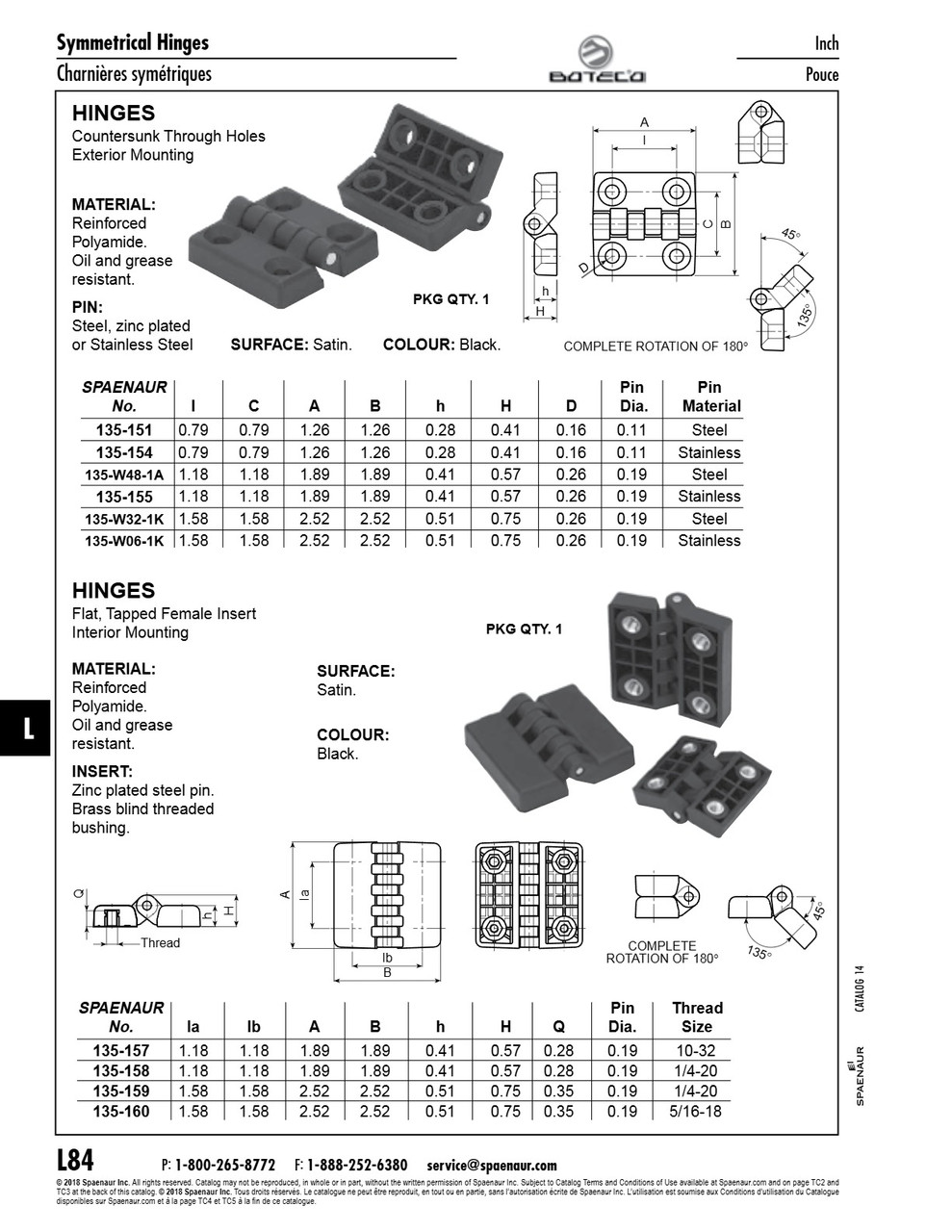 Plastic Hinge 4 Through Holes 1.89" X 1.89" X 0.41" Thick Thermoplastic Material Black Zinc Plated Pin   135-W48-1A