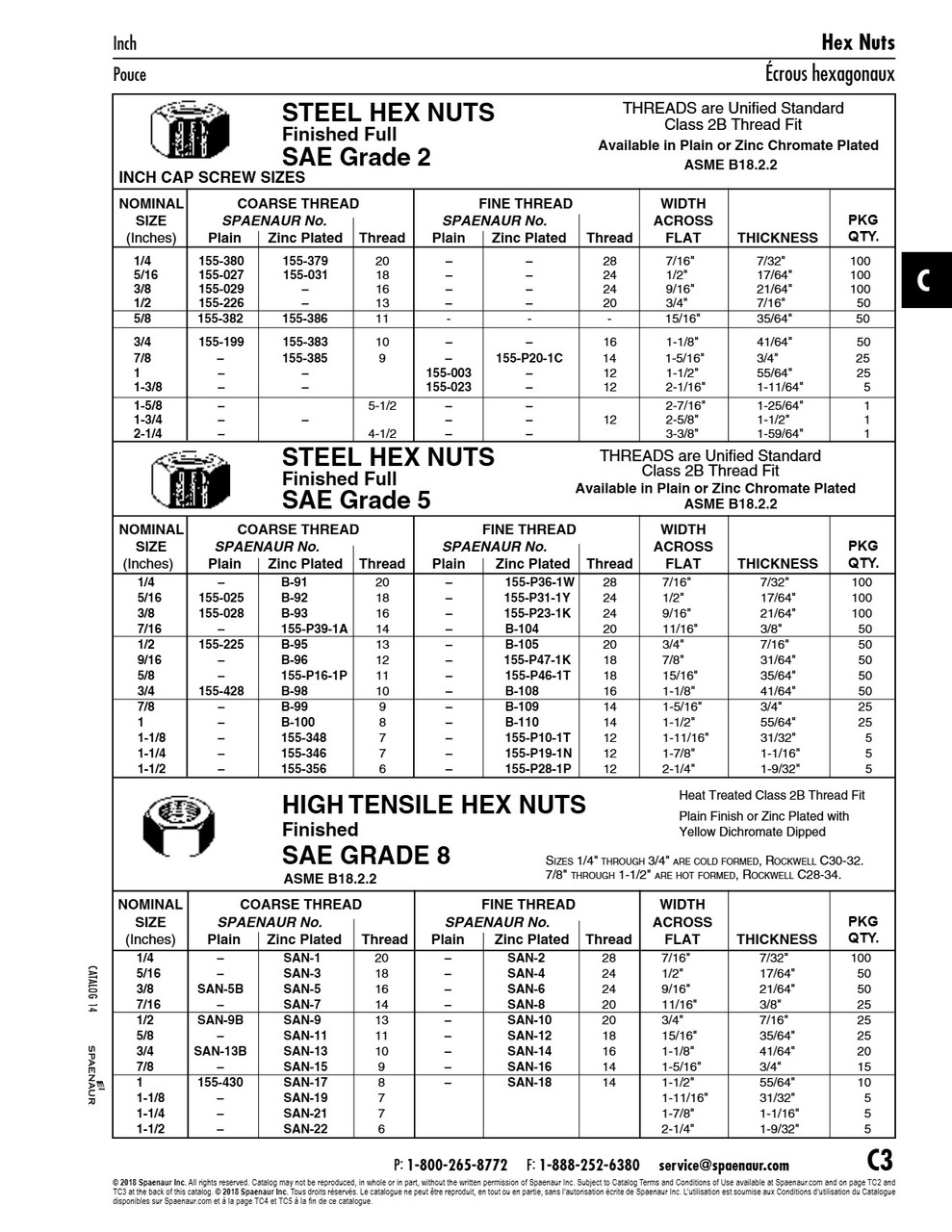 Full Finished Hex Nut 3/8"-16 Unc (9/16"A/F X 21/64" Thk) Grade 5 Steel Plain Finish Ansi B18.2.2-1982   155-028