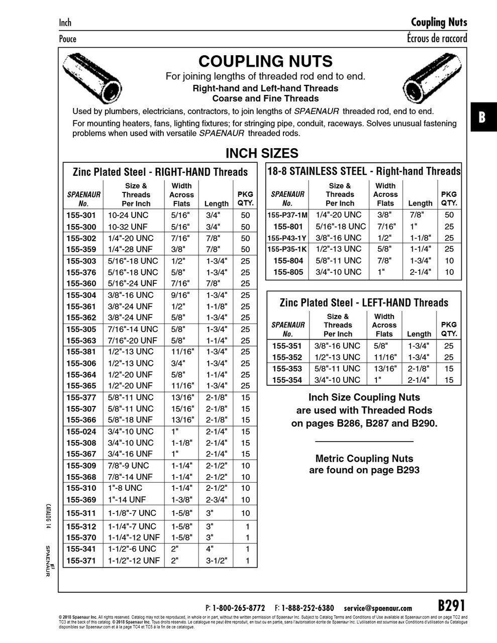 Left Hand Thread Coupling Nut 3/8"-16 Unc X 1 3/4" Steel Zinc Plated   155-351