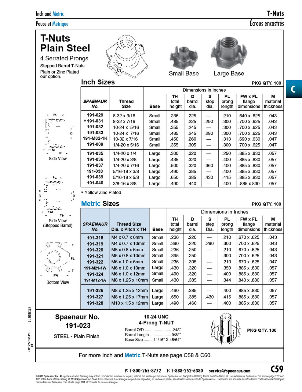 T-Nut With 4 Serrated Prongs Small Base M5 (.8) X .395" O/A Ht Steel Plain   191-321