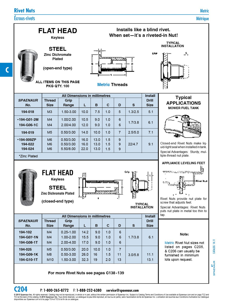 Rivkle Blind Rivet Nut Flat Cylindrical Head Closed End Keyless M4 X 2.00 - 4.00 Grip Range Steel Zinc Dichromate   194-G08-1T