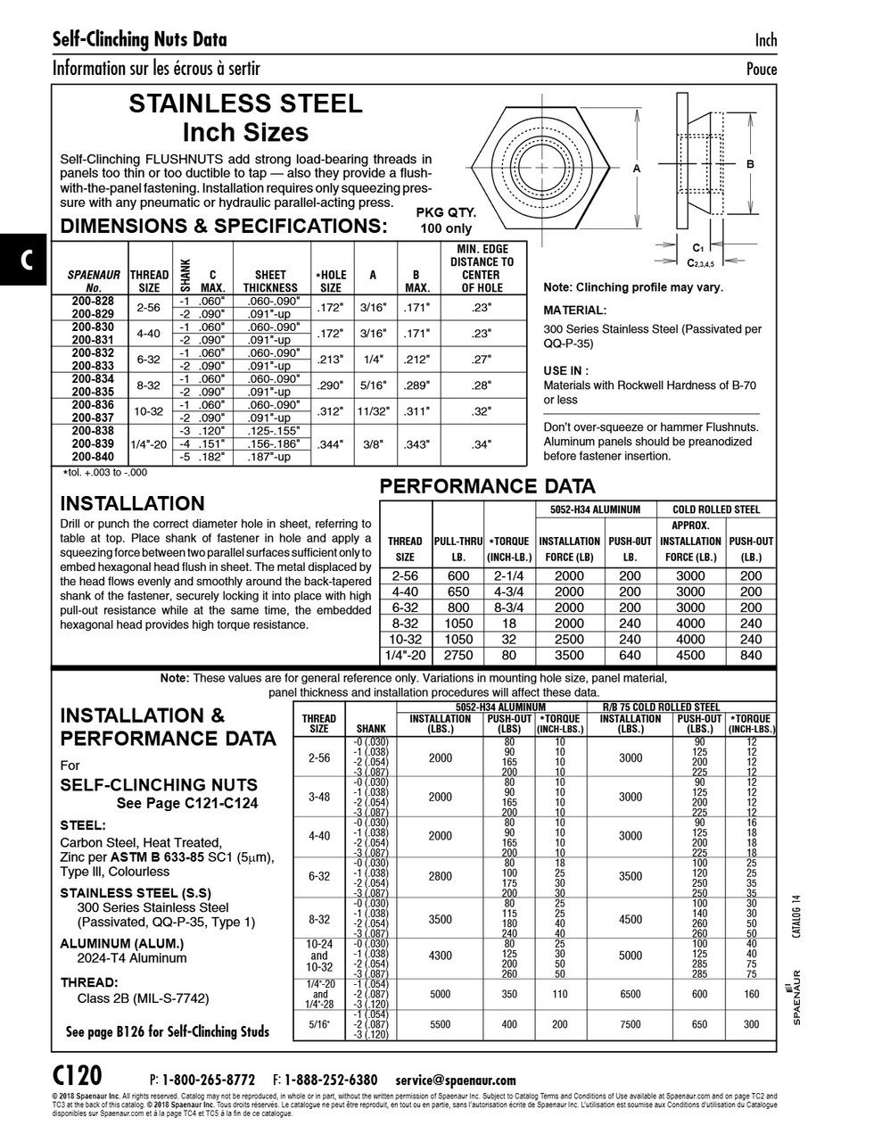 Self-Clinching Flushnut 1/4"-20 Unc X .156-.186" Sheet Thk 300 Series Stainless Steel Passivated   200-839