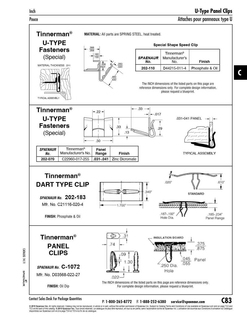 Dart Type Fastener 1.700" Lg X .340" Wdth X .187-.192" Panel Hole Spring Steel Phosphate & Oil   202-183
