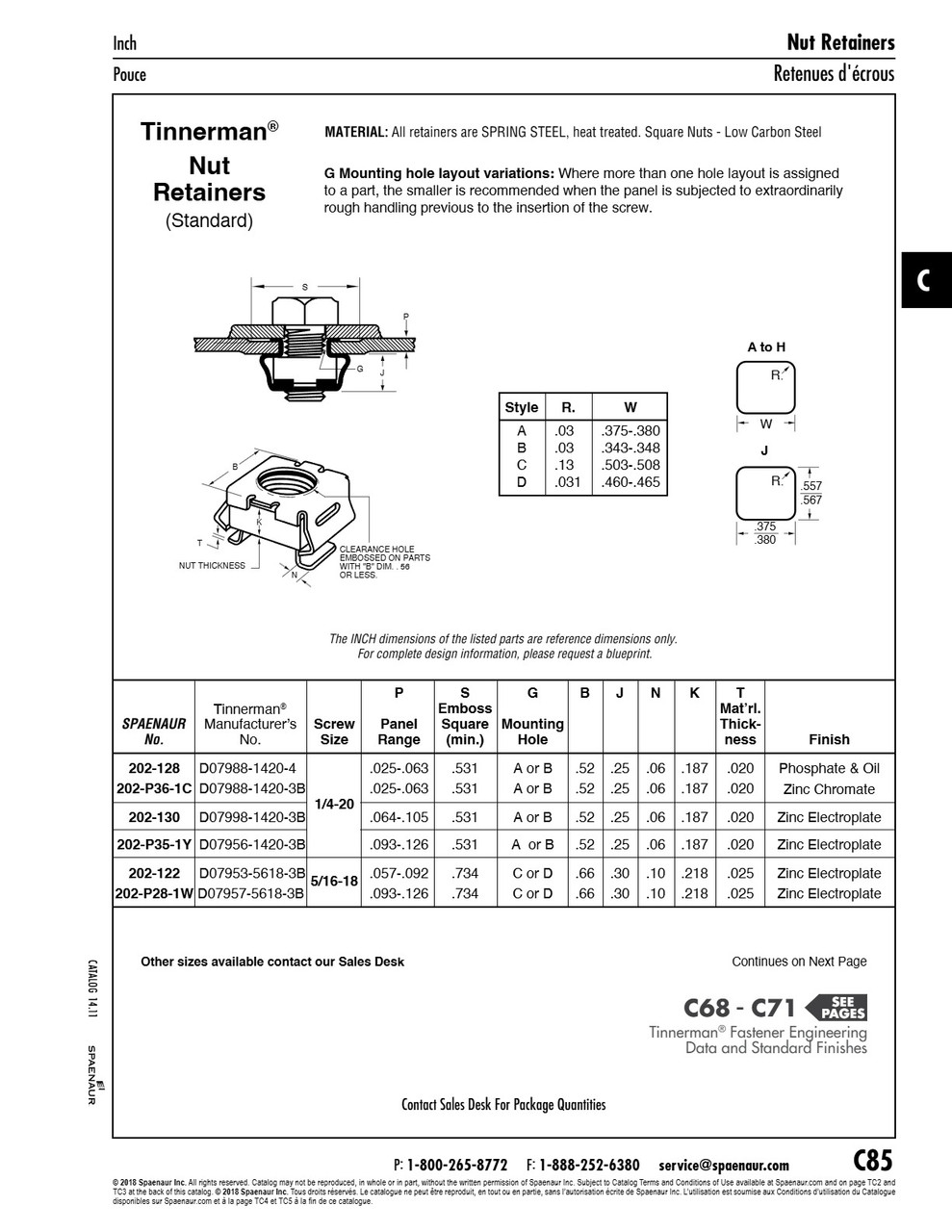 Nut Retainer 1/4"-20 Unc Panel Range .093"-.126" Spring Steel Zinc Electroplate   202-P35-1Y
