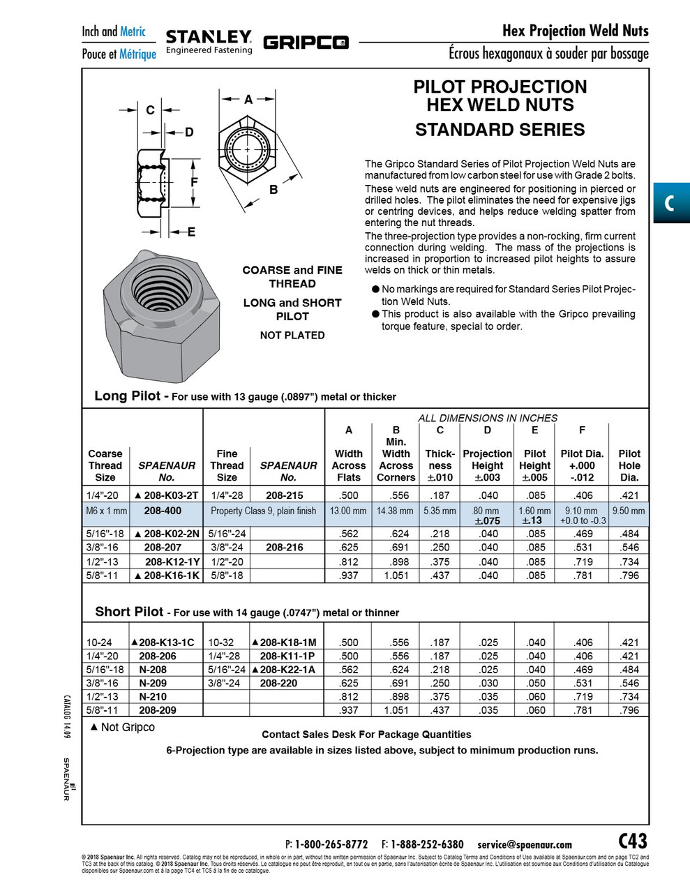 Hexagon Short Pilot Weld Nut With 3 Short Projections 5/8"-11 Unc Low Carbon Steel Plain Finish   208-209