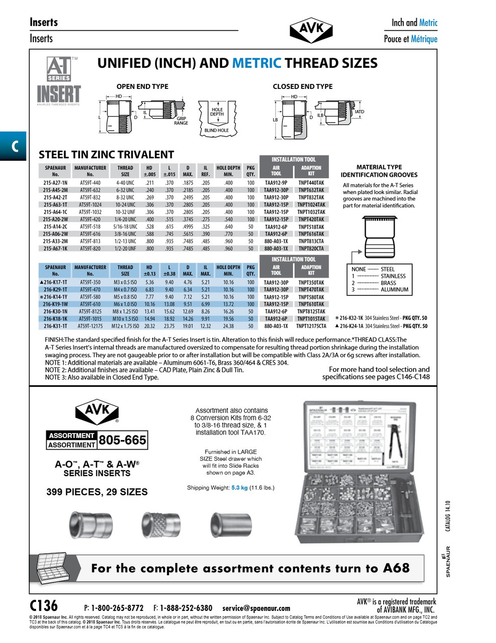 A-T Series Knurled Threaded Insert Standard Open End #8-32 Unc X .370" Lgth Steel Trivalent Tin Zinc Plated   215-A42-2T
