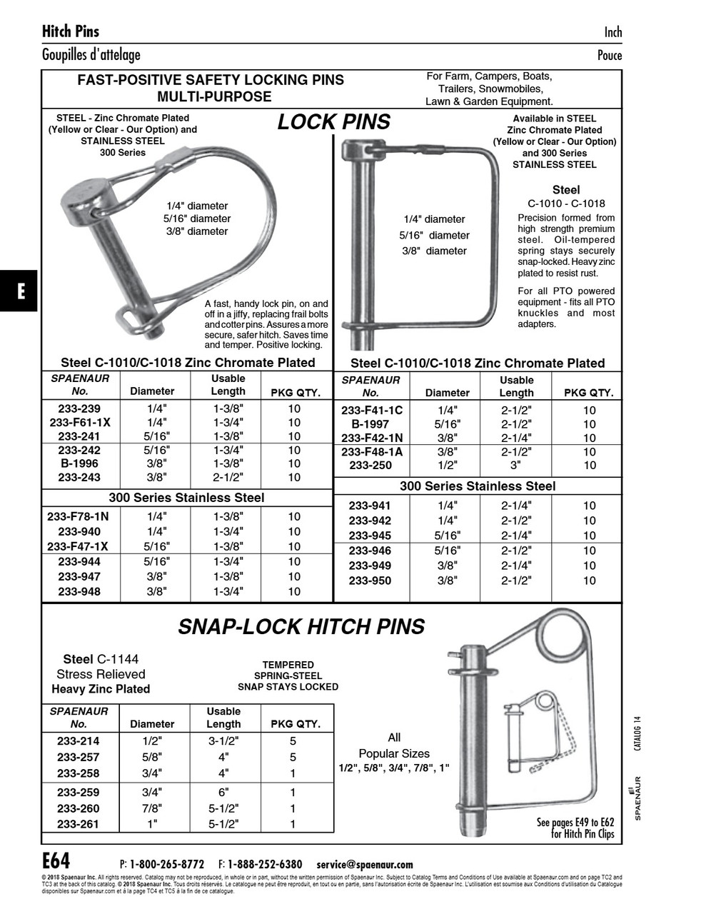 Lock Pin With Spring Steel Square Security Snap 1/4" X 2-1/2" Usable Lgth Carbon Steel Trivalent Zinc Plated   233-F41-1C