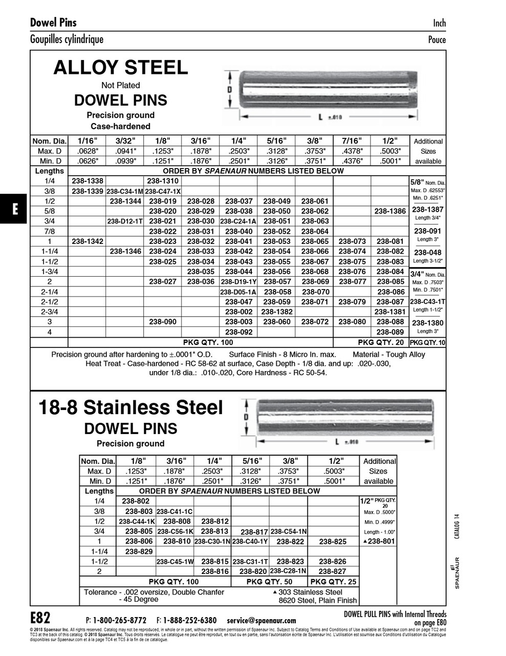 Standard Dowel Pin 1/2" X 1 1/4" Alloy Steel Case Hardened Precision Ground   238-082
