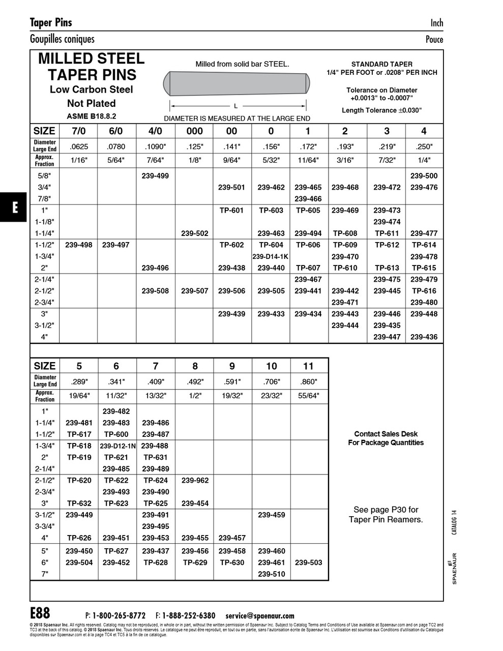 Taper Pin Standard 1/4"/Ft Taper #9 X 4" Lgth Milled Steel Plain   239-457