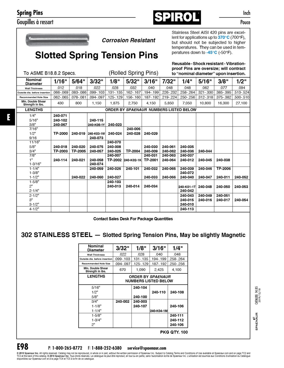 Slotted Spring Tension Pin 7/32" Nom Dia X 5/8" Lgth Type 420 Stainless Steel Plain   240-061