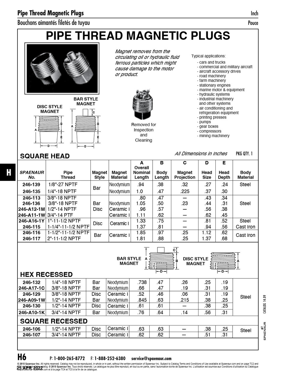 Hex Recessed Magnetic Pipe Plug Bar Style Magnet (.248" Projection) 1/8"-27 Nptf X .618" O/A Lgth Neodymium Magnet Steel Body   246-137