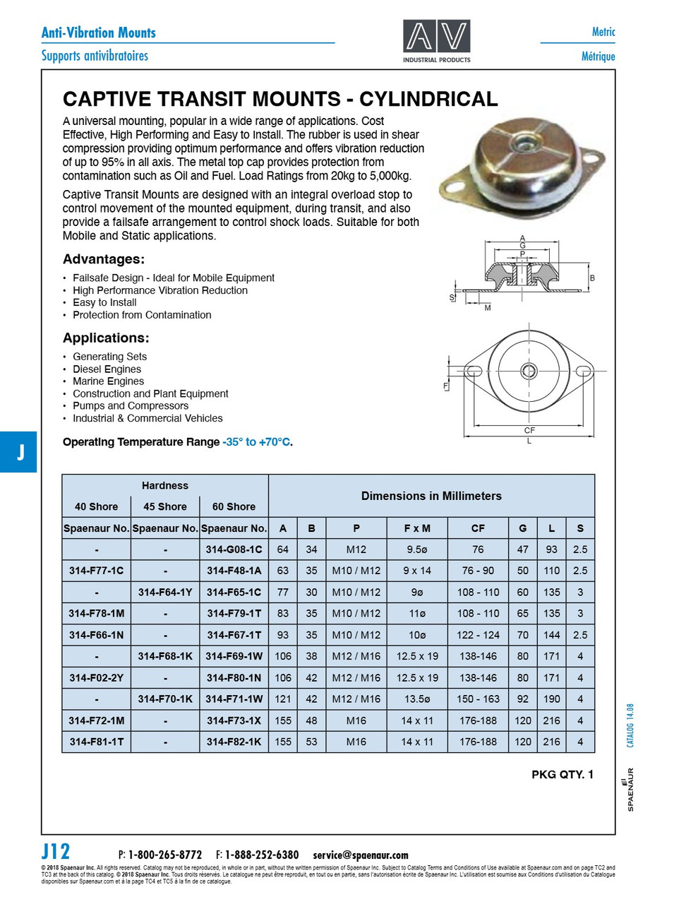 Anti-Vibration Mount Medium Type Max Load 190 Kg 83Mm Dia X 35 Ht M10 Thrd Natural Rubber / Steel / Black 60 Degree Irh   314-F79-1T