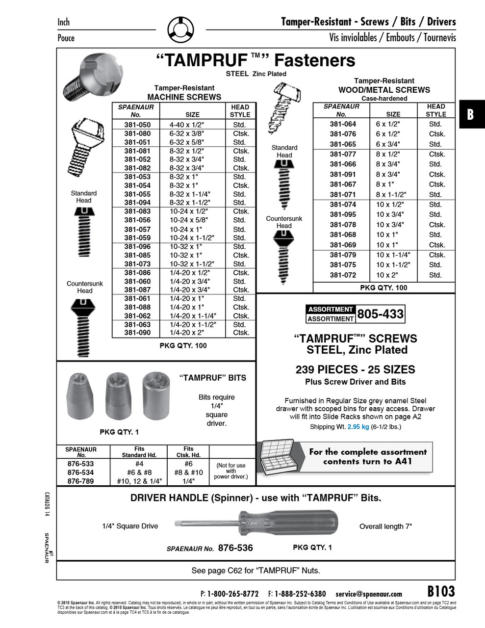 Tamper-Resistant Machine Screw Countersunk Head 1/4"-20 Unc X 1/2" Long Steel Zinc Plated   381-086