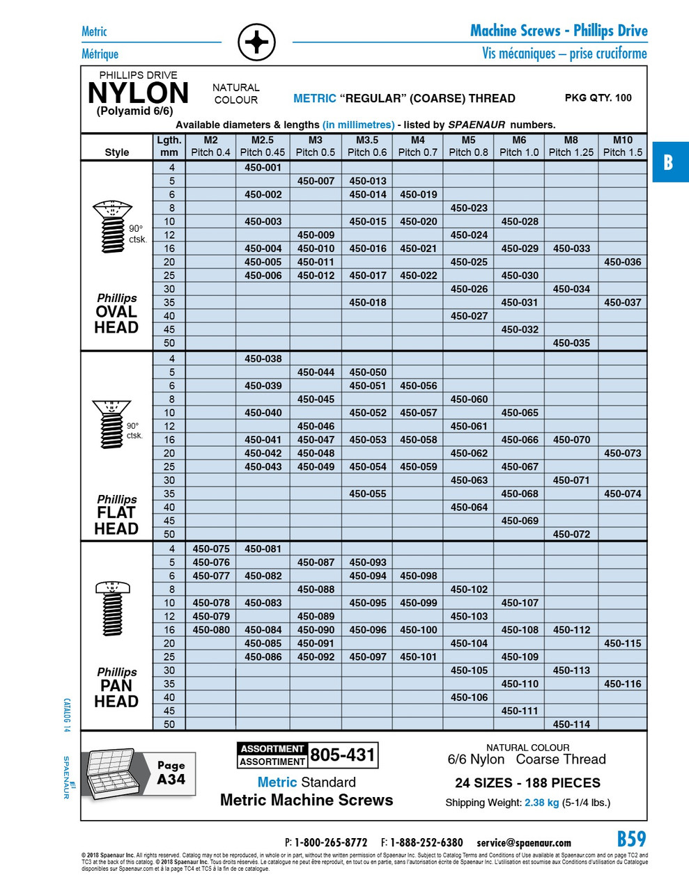 Machine Screw Phillips Oval 90 Degree Countersunk Hd M4 X 0.7 Pitch X 16Mm Lg Nylon 6/6 Natural   450-021