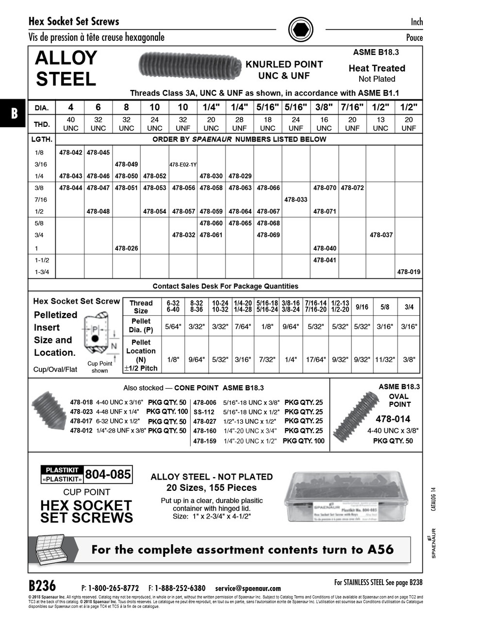 Hex Socket Set Screw Knurled Point #8-32 Unc X 1/4" Long Alloy Steel Heat Treated Plain Ansi B18.3-1986   478-050