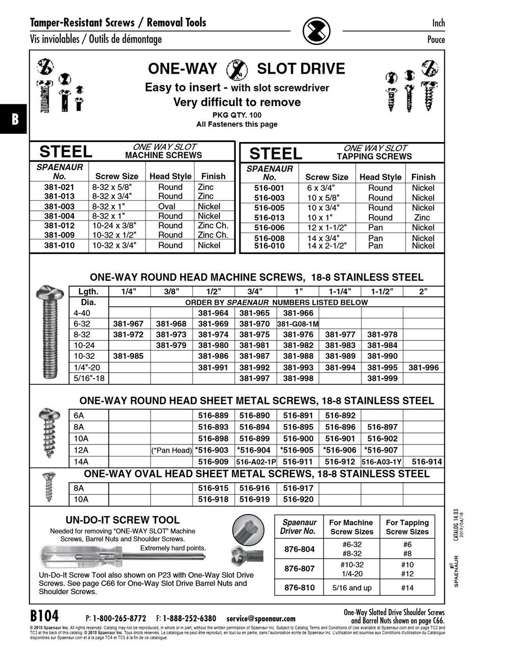 Tapping Screwround One-Way Slot Hd #6 X 1/2" Lg Type A 18-8 Stainless Steel   516-889