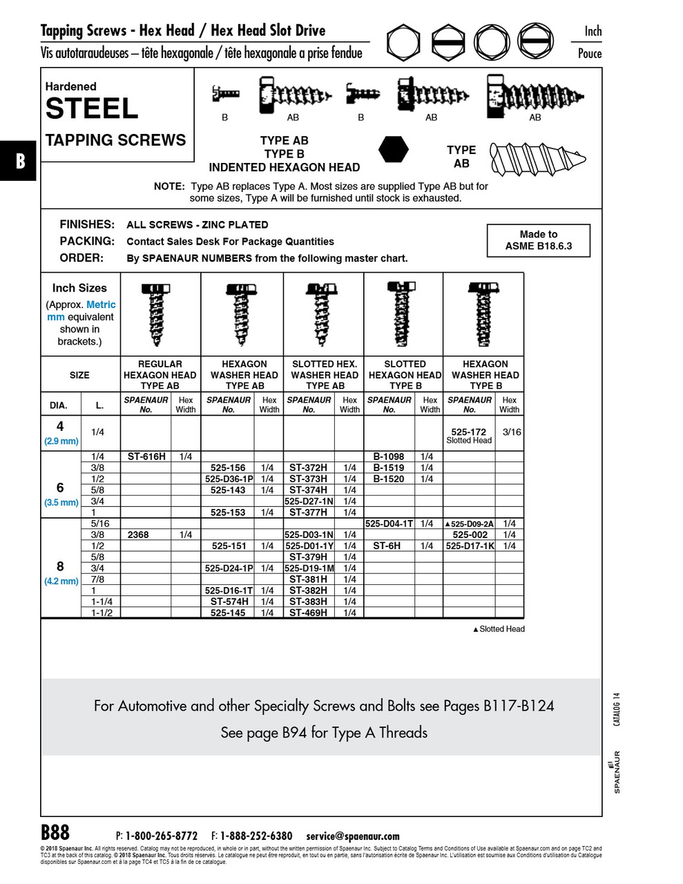 Tapping Screw Indented Hex Washer Head Type Ab #6 X 5/8" (Hex 1/4" Af) Low Carb Steel Case Hard Zinc Chromate Plated Ansi B18.6.4-1981   525-143