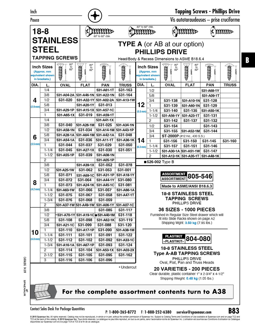 Tapping Screw Phillips Pan Head #8 X 1 1/4" Lg Type A 18-8 Stainless Steel Ansi B18.6.4-1981   531-057