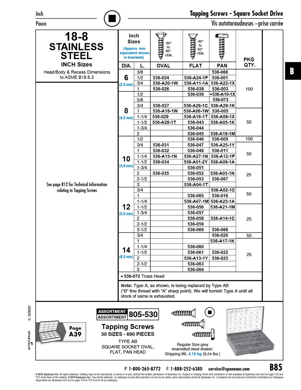 Tapping Screw Square Socket Flat #6 X 3/4" Lg Type A 18-8 Stainless Steel   536-A11-1A